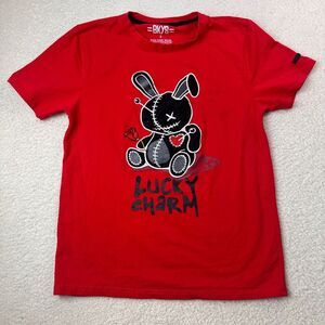 BKYS Shirt Mens Small Red Lucky Charm Stretch Embroidered Black Teddy‎ Bear